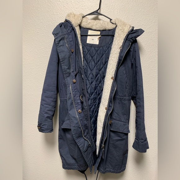 Vintage L.O.G.G. H&M navy thermal lined removable Sherpa hood parka coat Sz 12 - Picture 4 of 16